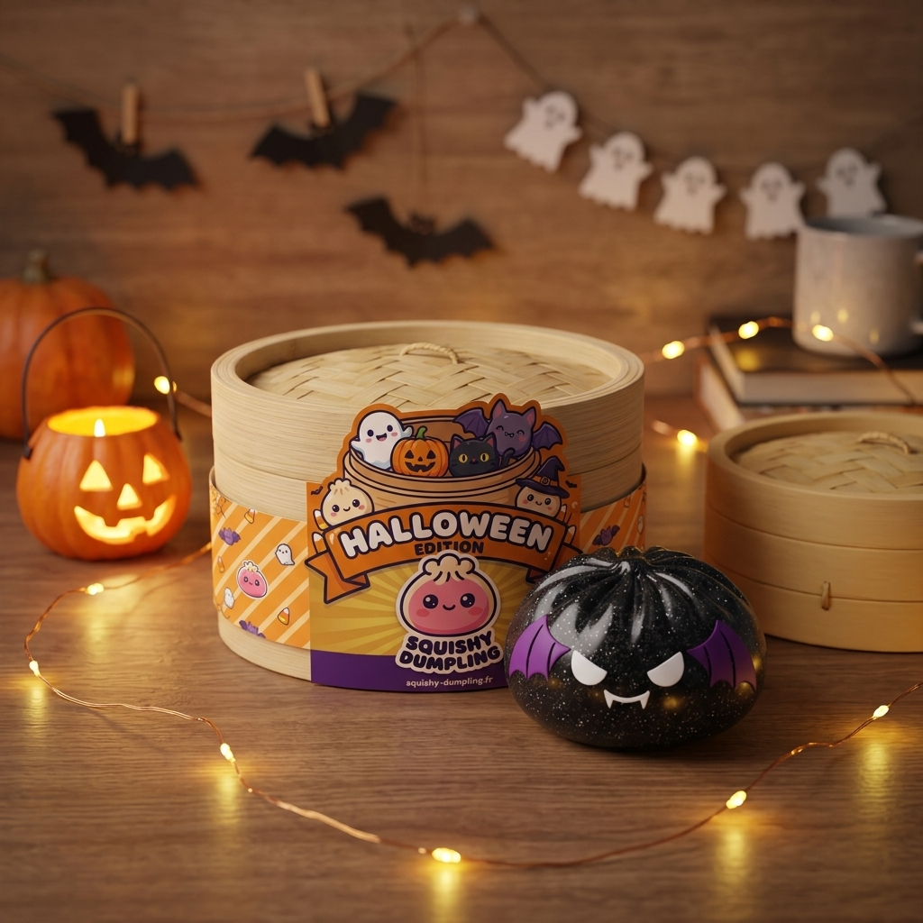 Dumpling Squishy Bat Halloween Purpurina Negra en un ambiente de escritorio
