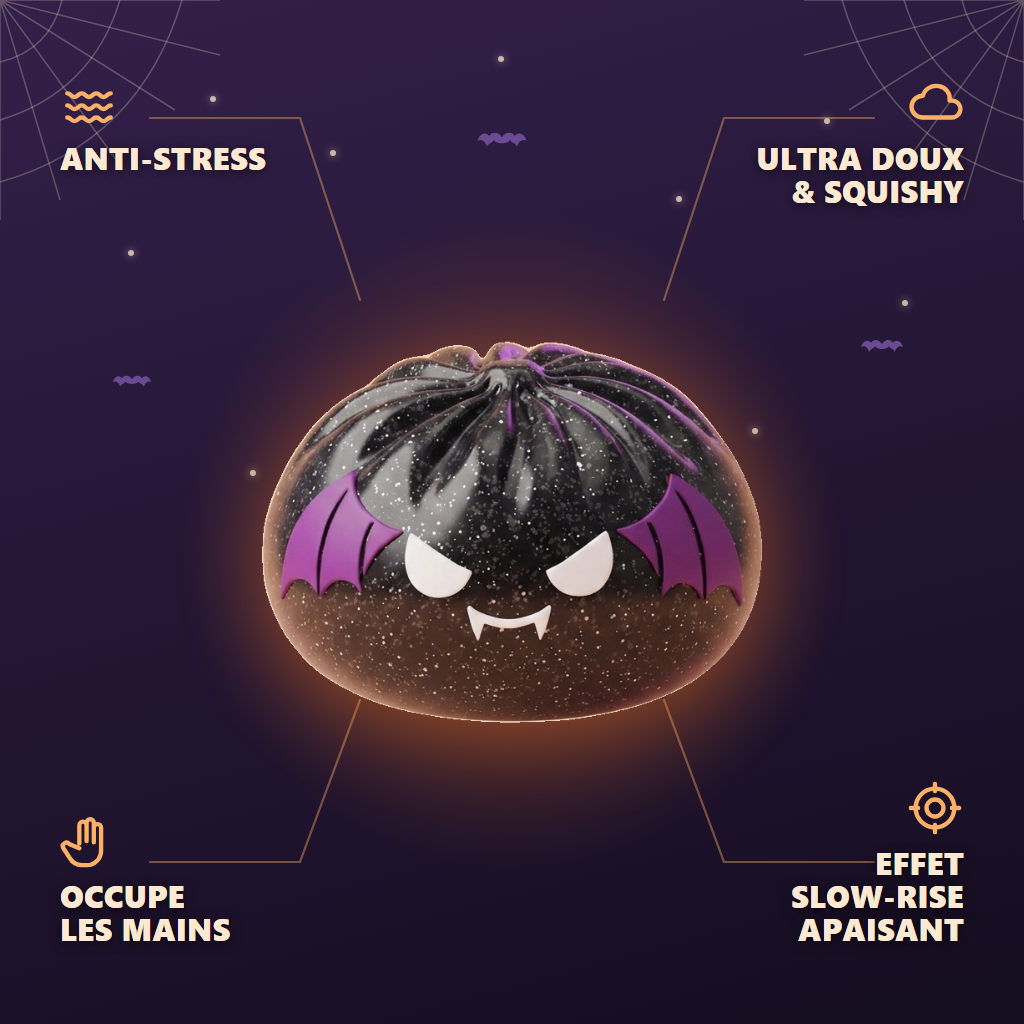 Dumpling Squishy Bat Halloween Purpurina Negra — antiestrés, ultra blando, efecto slow-rise