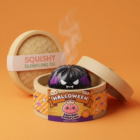 Dumpling Squishy Bat Halloween Purpurina Negra en su cesta de vapor de bambú