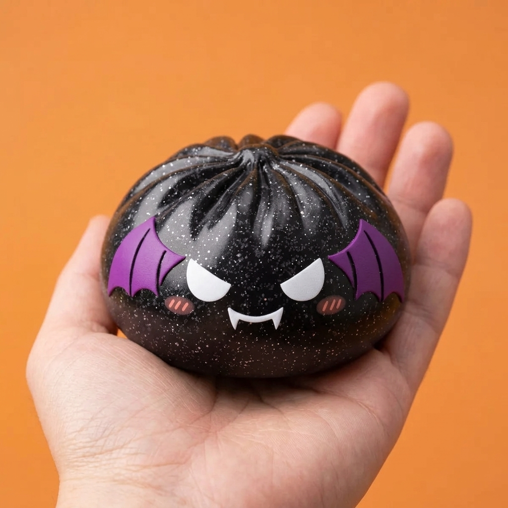 Dumpling Squishy Bat Halloween Purpurina Negra en la mano, tamaño real