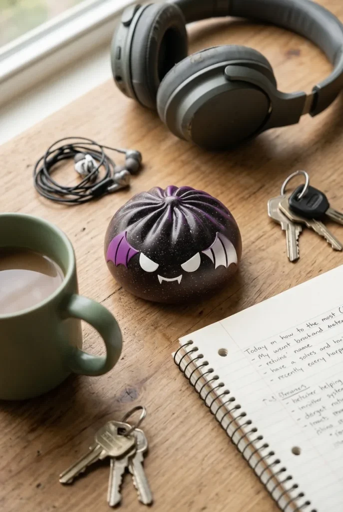 Dumpling Squishy Bat Halloween Purpurina Negra en un escritorio