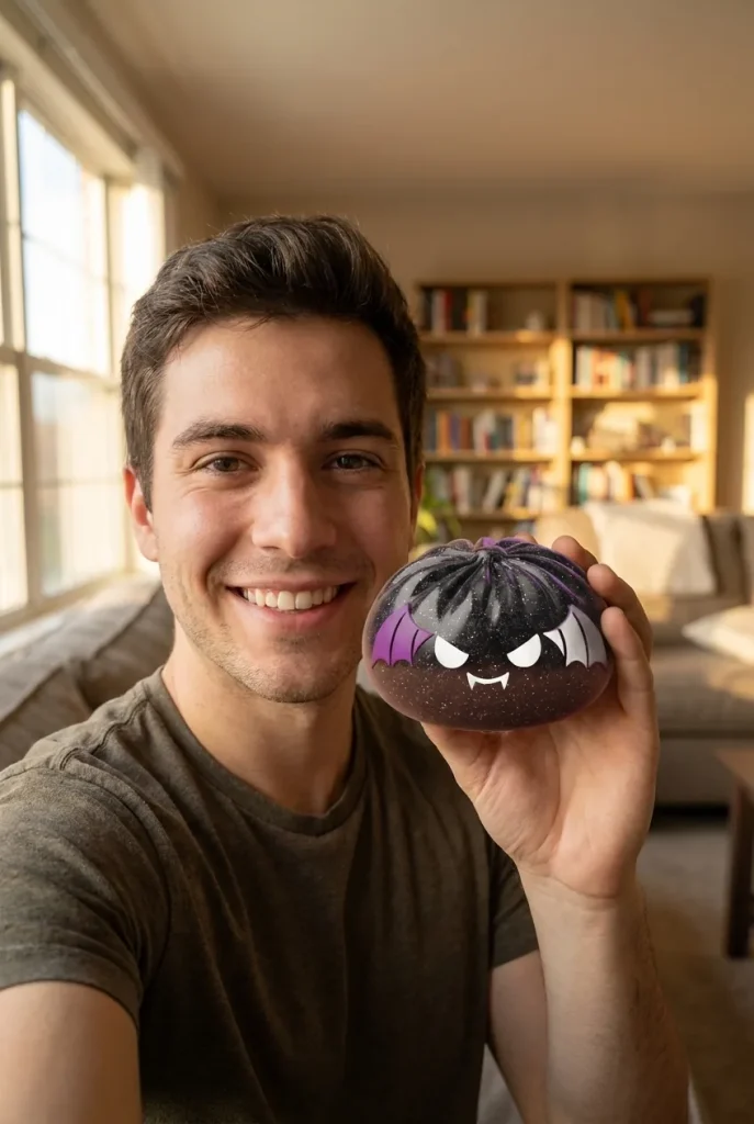 Dumpling Squishy Bat Halloween Purpurina Negra cerca de la cara