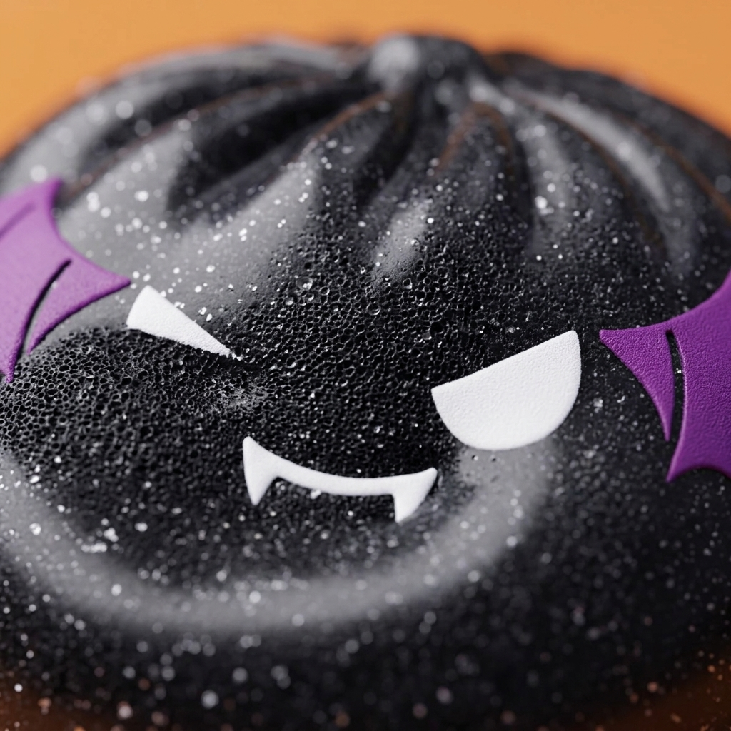 Dumpling Squishy Bat Halloween Purpurina Negra — primer plano macro de la textura