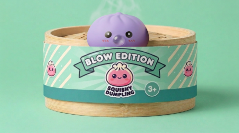 Big Dumpling Squishy Azul Océano en su cesta de vapor de bambú