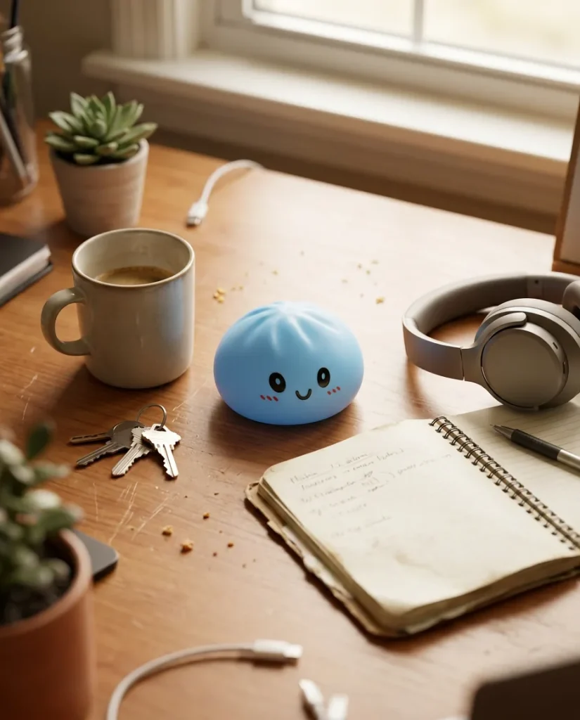 Dumpling Squishy Azul Océano en un escritorio