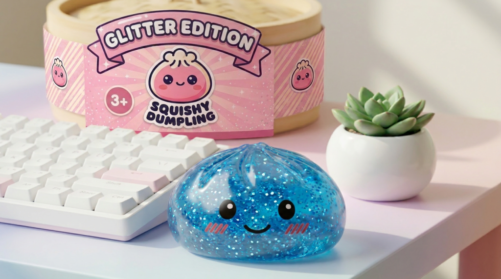 Glitter Dumpling Squishy Azul Calma en un ambiente de escritorio