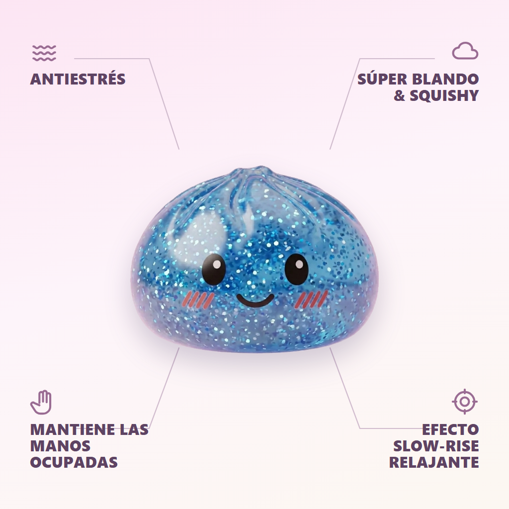 Glitter Dumpling Squishy Azul Calma — antiestrés, ultra blando, efecto slow-rise