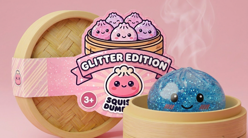 Glitter Dumpling Squishy Azul Calma en su cesta de vapor de bambú