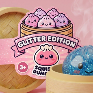 Glitter Dumpling Squishy Azul Calma en su cesta de vapor de bambú