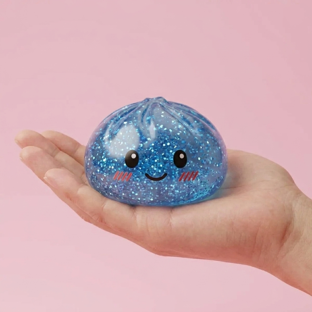 Glitter Dumpling Squishy Azul Calma en la mano, tamaño real