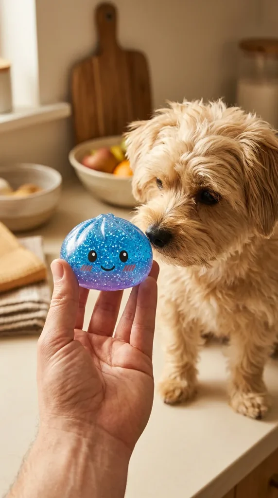 Glitter Dumpling Squishy Azul Calma y un animal