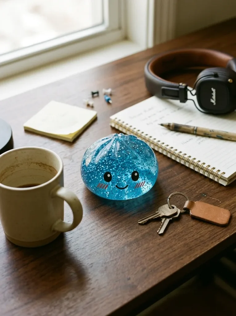 Glitter Dumpling Squishy Azul Calma en un escritorio