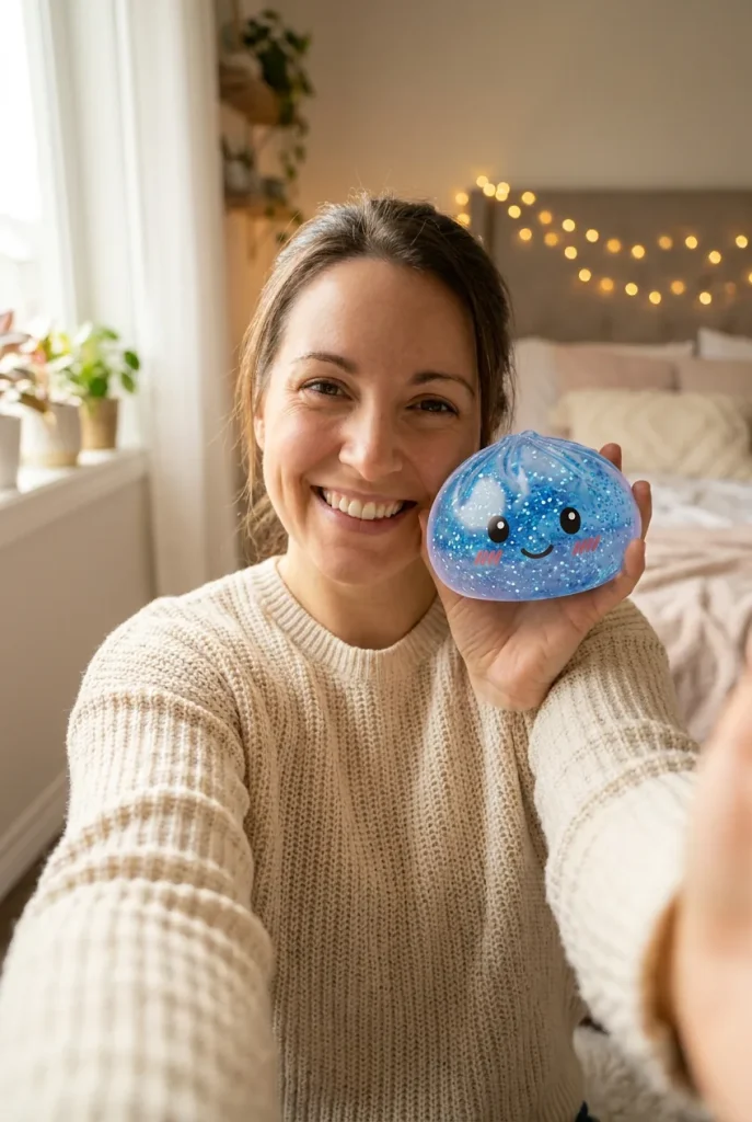 Glitter Dumpling Squishy Azul Calma cerca de la cara