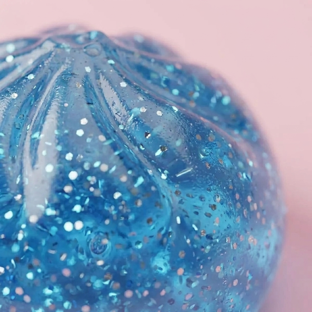 Glitter Dumpling Squishy Azul Calma — primer plano macro de la textura