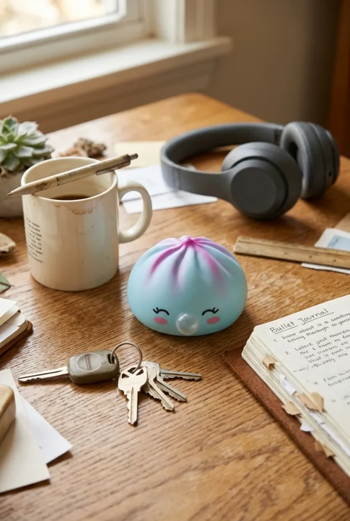 Frost Blue Rare Blow Dumpling Squishy Azul Escarchado en un escritorio