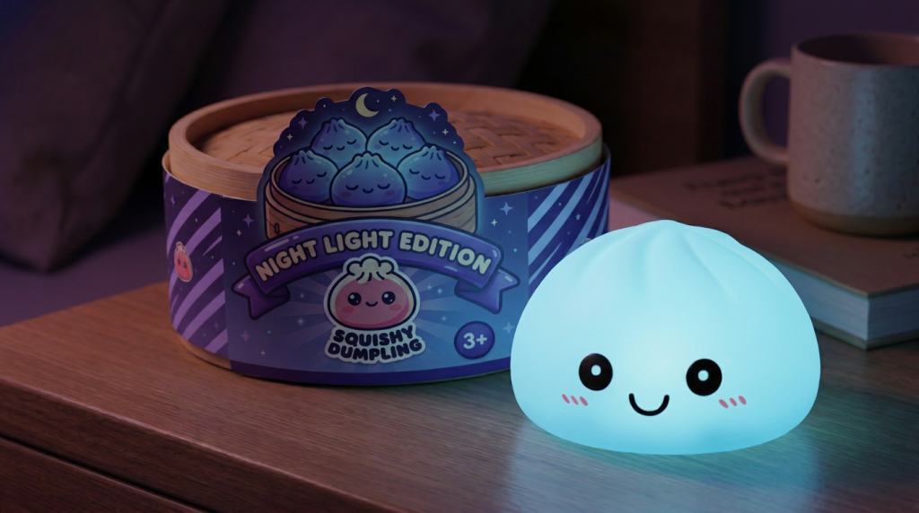 Dumpling Squishy Luz Nocturna Azul Aurora en un ambiente de escritorio