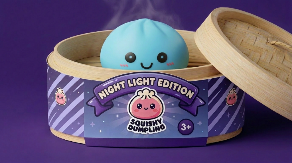 Dumpling Squishy Luz Nocturna Azul Aurora en su cesta de vapor de bambú