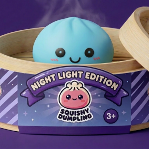 Dumpling Squishy Luz Nocturna Azul Aurora en su cesta de vapor de bambú