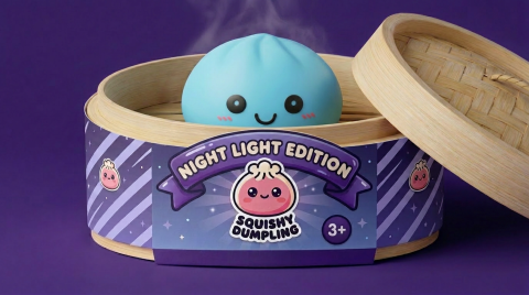 Dumpling Squishy Luz Nocturna Azul Aurora en su cesta de vapor de bambú