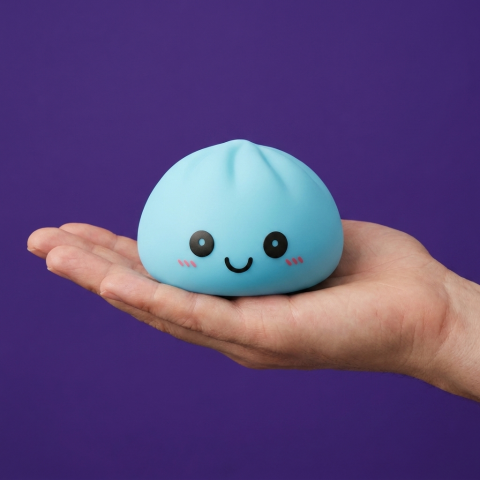 Dumpling Squishy Luz Nocturna Azul Aurora en la mano, tamaño real