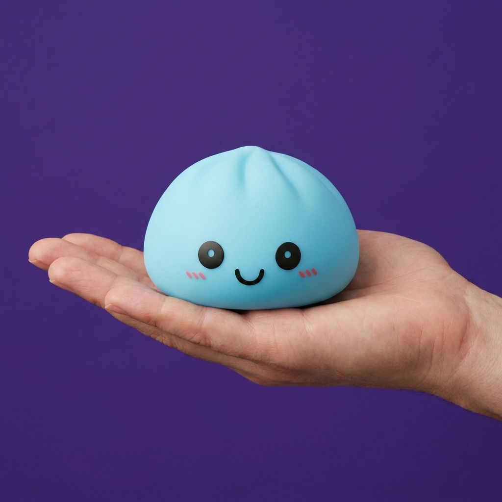 Dumpling Squishy Luz Nocturna Azul Aurora en la mano, tamaño real