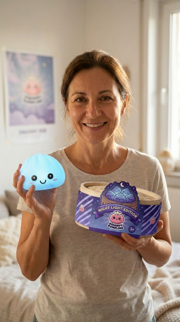 Dumpling Squishy Luz Nocturna Azul Aurora con su cesta de vapor de bambú