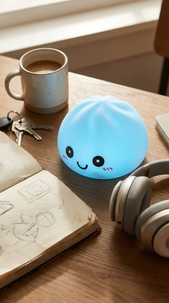 Dumpling Squishy Luz Nocturna Azul Aurora en un escritorio