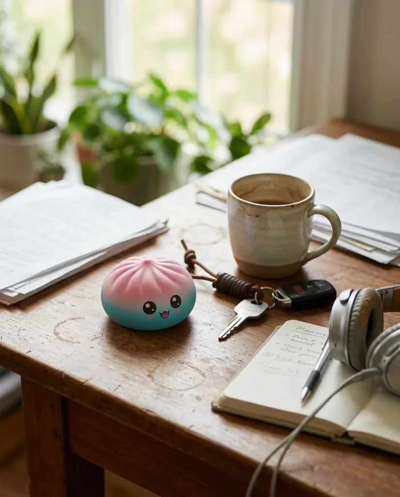 Mystery Dumpling Squishy Sorpresa Adorable en un escritorio