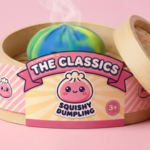 Rainbow Dumpling Squishy Multicolor en su cesta de vapor de bambú