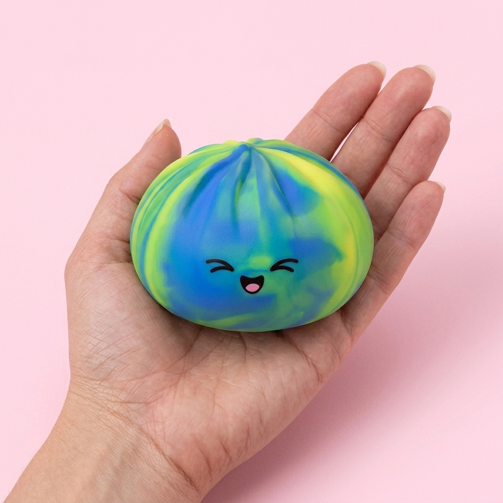 Rainbow Dumpling Squishy Multicolor en la mano, tamaño real