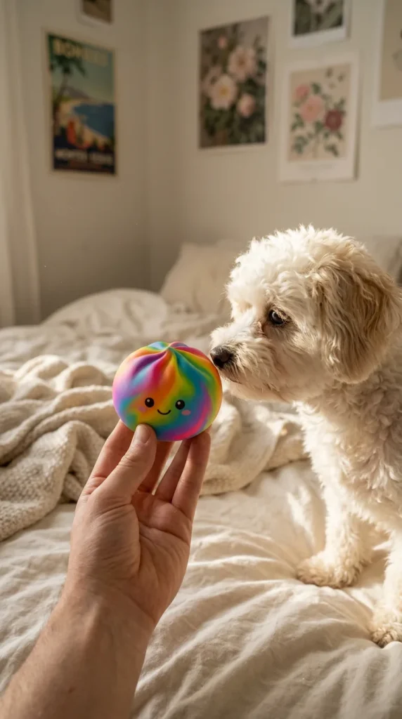 Rainbow Dumpling Squishy Multicolor y un animal
