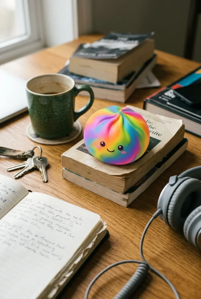 Rainbow Dumpling Squishy Multicolor en un escritorio