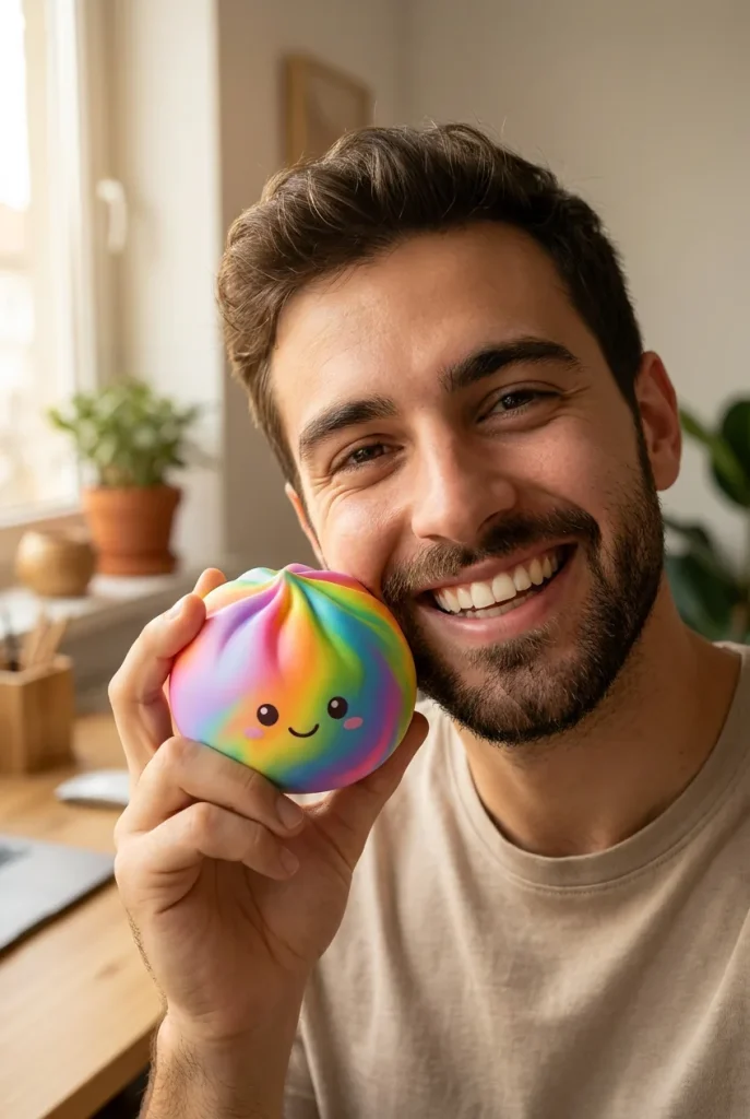 Rainbow Dumpling Squishy Multicolor cerca de la cara