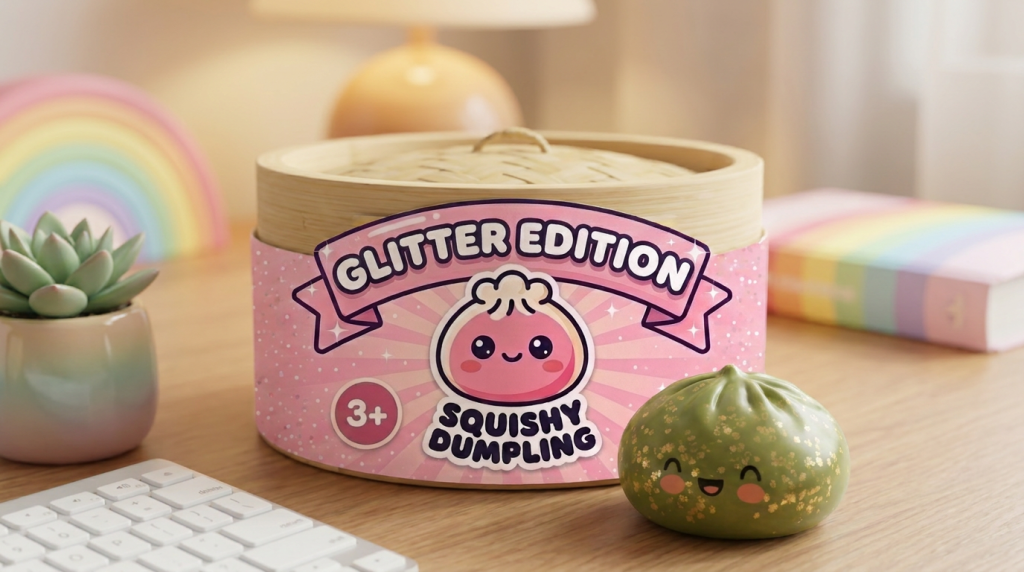 Dumpling Squishy Glitter Verde Esmeralda en un ambiente de escritorio