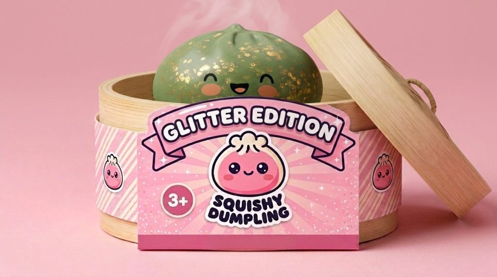 Dumpling Squishy Glitter Verde Esmeralda en su cesta de vapor de bambú