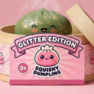 Dumpling Squishy Glitter Verde Esmeralda en su cesta de vapor de bambú