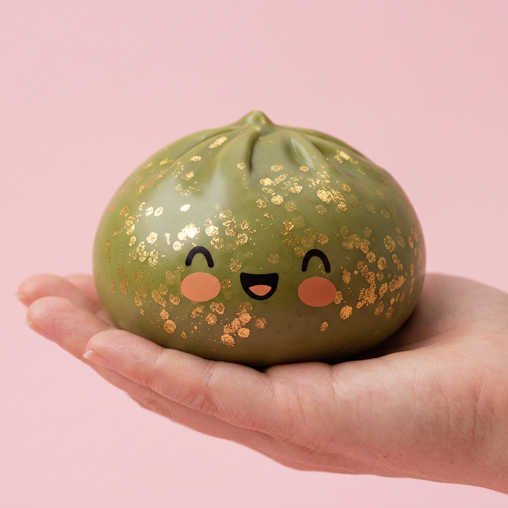 Dumpling Squishy Glitter Verde Esmeralda en la mano, tamaño real