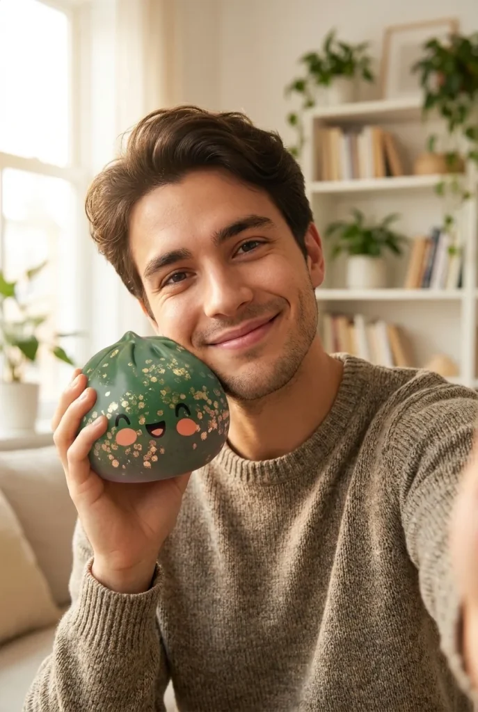 Dumpling Squishy Glitter Verde Esmeralda cerca de la cara
