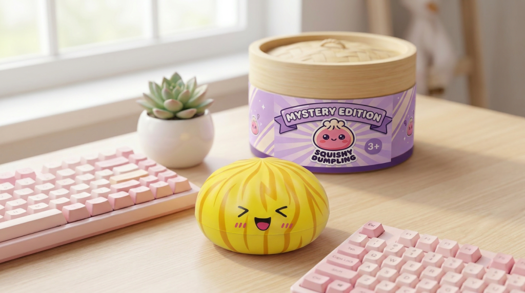 Dumpling Squishy Bun Mystery Sorpresa en un ambiente de escritorio