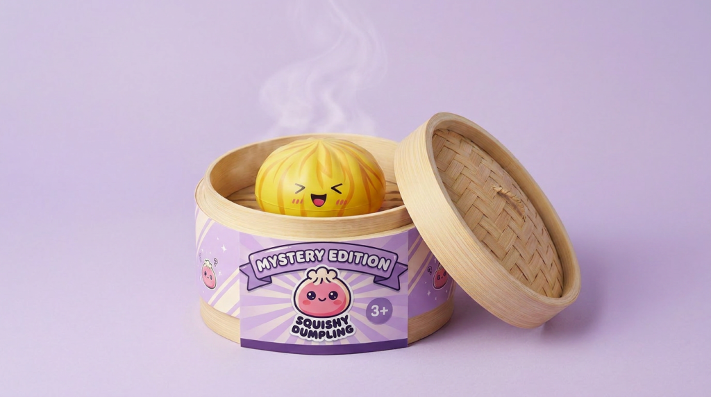 Dumpling Squishy Bun Mystery Sorpresa en su cesta de vapor de bambú
