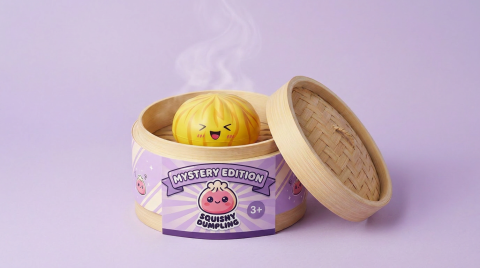 Dumpling Squishy Bun Mystery Sorpresa en su cesta de vapor de bambú