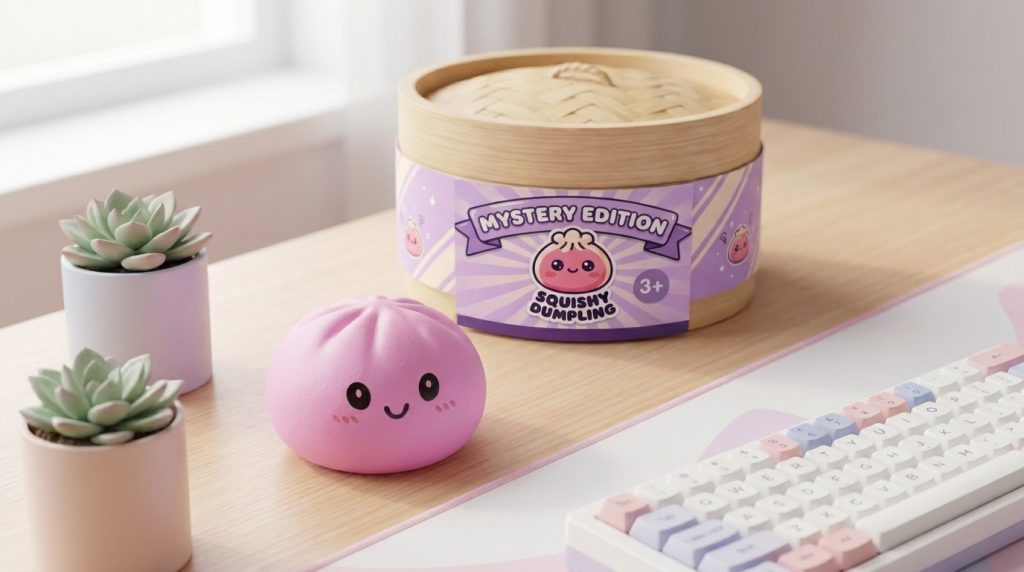 Dumpling Squishy Mystery Box Sorpresa en un ambiente de escritorio