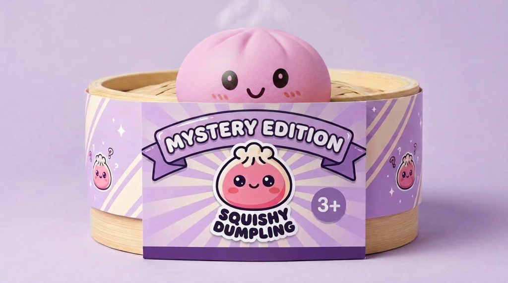 Dumpling Squishy Mystery Box Sorpresa en su cesta de vapor de bambú