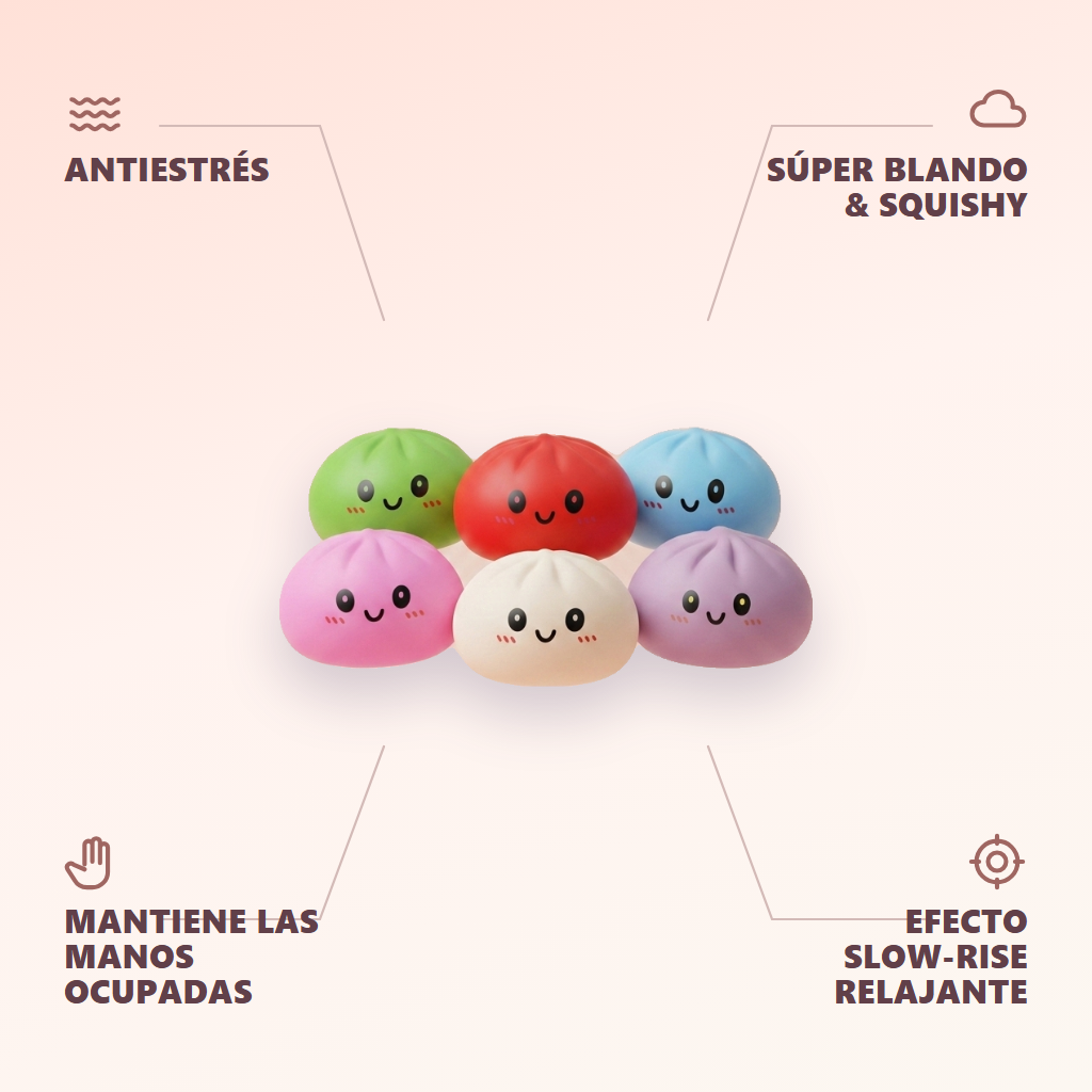 Dumpling Squishy Collection Set de 6 Colores — antiestrés, ultra blando, efecto slow-rise