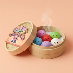 Dumpling Squishy Collection Set de 6 Colores en su cesta de vapor de bambú