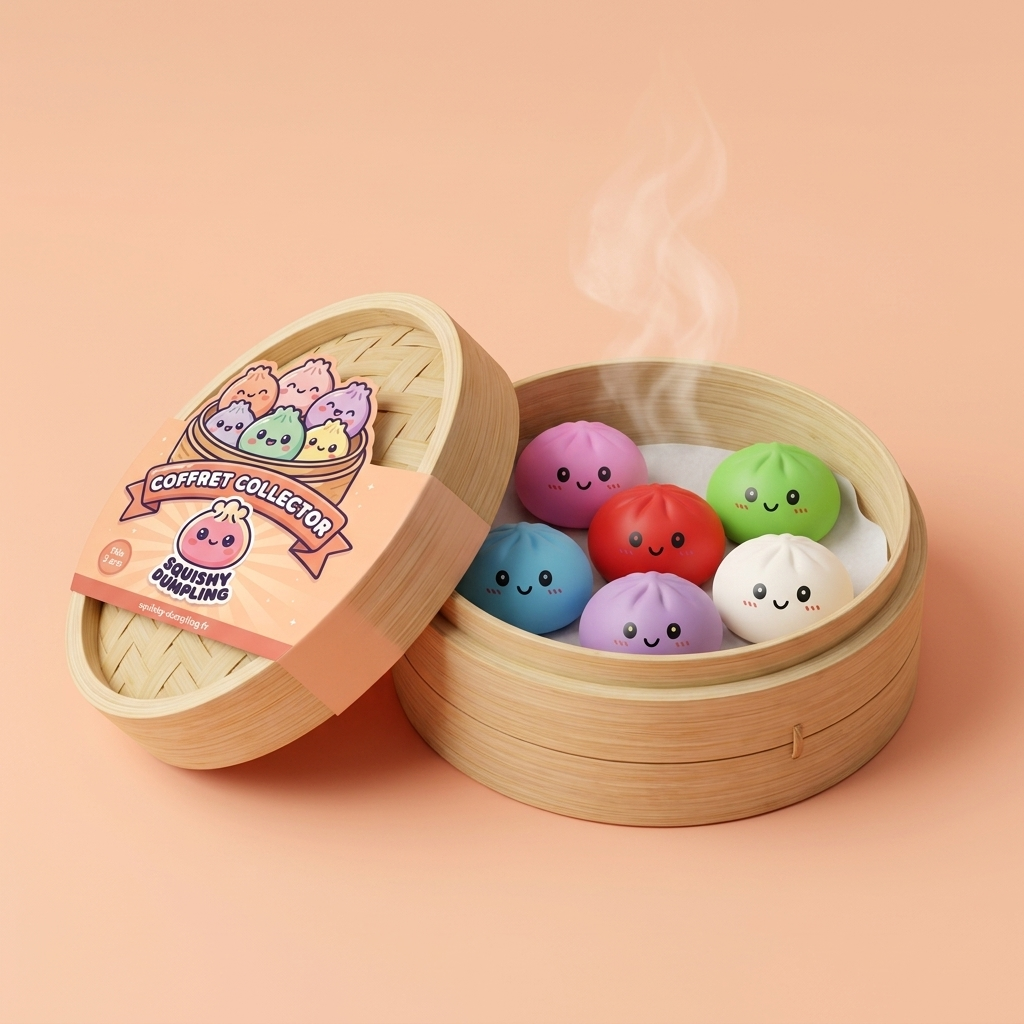 Dumpling Squishy Collection Set de 6 Colores en su cesta de vapor de bambú