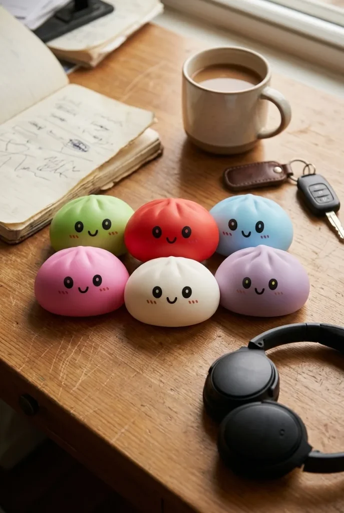 Dumpling Squishy Collection Set de 6 Colores en un escritorio