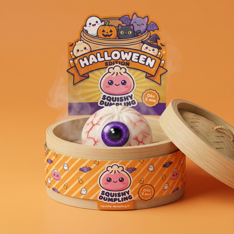 Dumpling Squishy Ojo Halloween Terrorífico en su cesta de vapor de bambú
