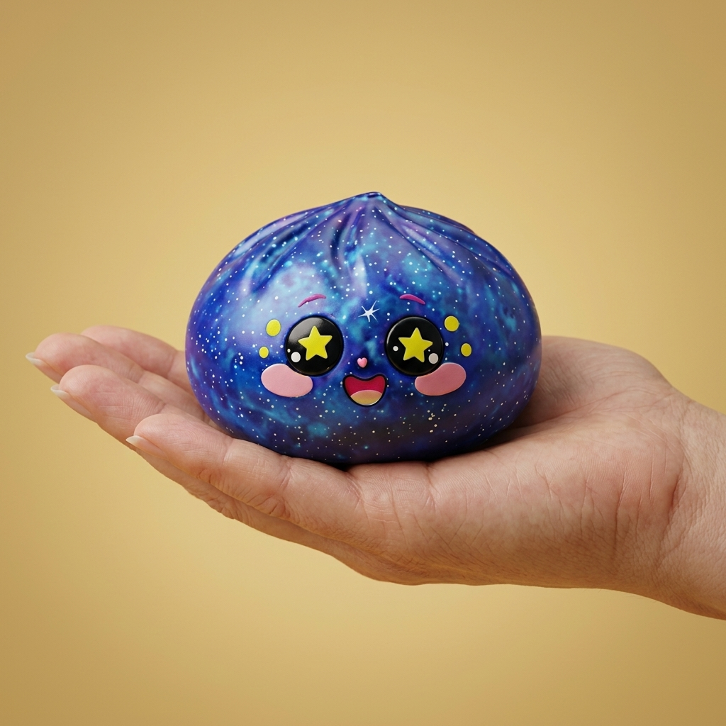 Galaxy Dumpling Squishy Cosmos con Cesta Bambú en la mano, tamaño real