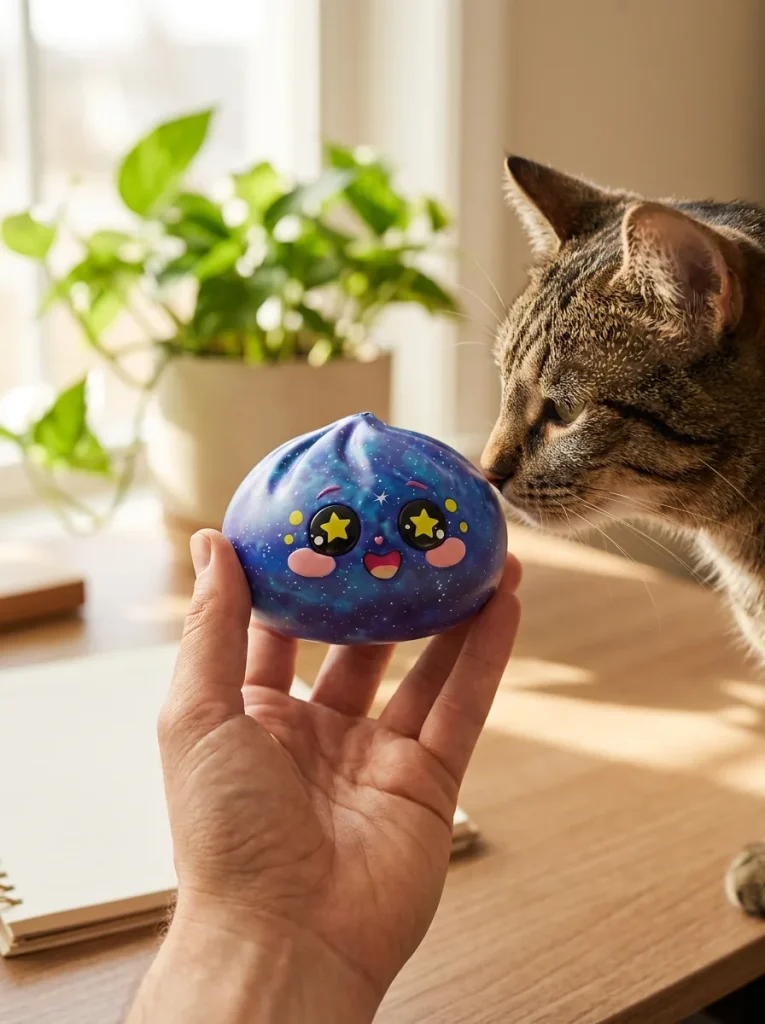 Galaxy Dumpling Squishy Cosmos con Cesta Bambú y un animal